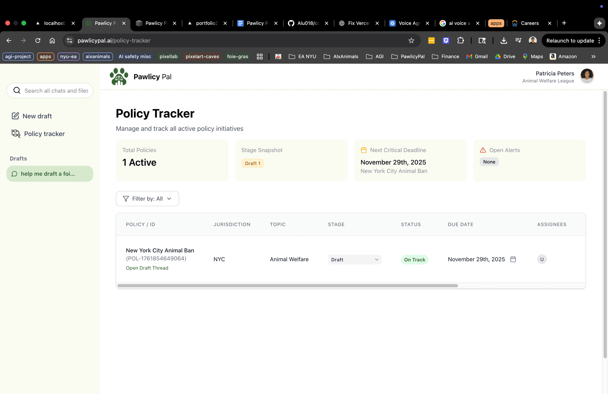 The policy tracker showing the drafted policy.